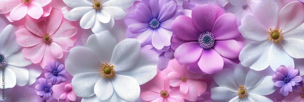 A bunch of flowers in various colors are arranged in a pattern. The flowers are white and pink, and they are scattered throughout the image. Scene is one of beauty and serenity A bunch of flowers in various colors are arranged in a pattern. The flowers are white and pink, and they are scattered throughout the image. Scene is one of beauty and serenity