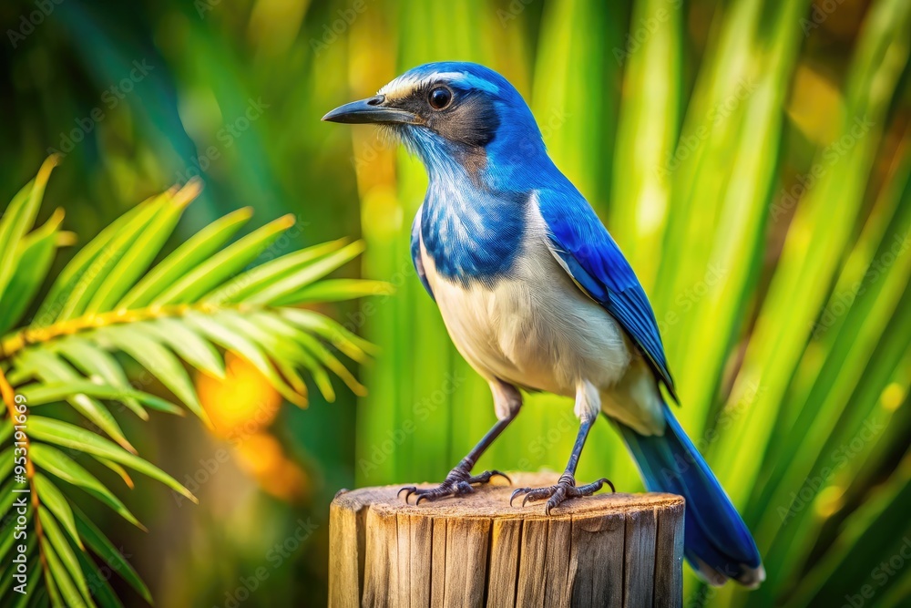Vibrant Island Scrub Jay perches on a weathered wooden fence post, flaunting its bright blue and white feathers in a sun-drenched tropical island setting. Vibrant Island Scrub Jay perches on a weathered wooden fence post, flaunting its bright blue and white feathers in a sun-drenched tropical island setting.
