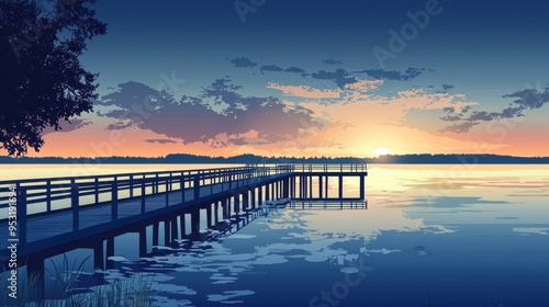 Wallpaper Mural A tranquil sunset view over a calm lake, featuring a wooden pier extending into the water, reflecting serene colors and clouds. Torontodigital.ca
