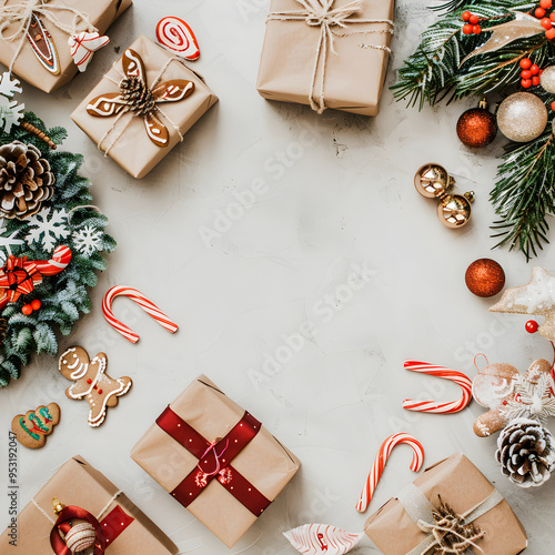 Christmas and new year composition with gifts, decorations and sweets on a concrete background, creating a festive atmosphere