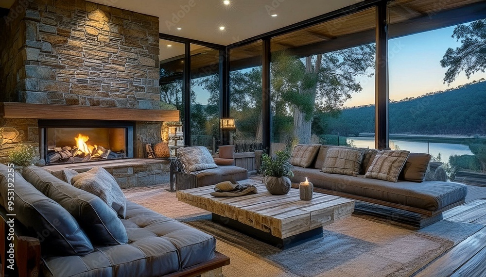 Luxury living room family room with stone fireplace, windows, couches, sofa, table, home, house, cozy, warm, fire, wood, view, woods, forest, trees Luxury living room family room with stone fireplace, windows, couches, sofa, table, home, house, cozy, warm, fire, wood, view, woods, forest, trees