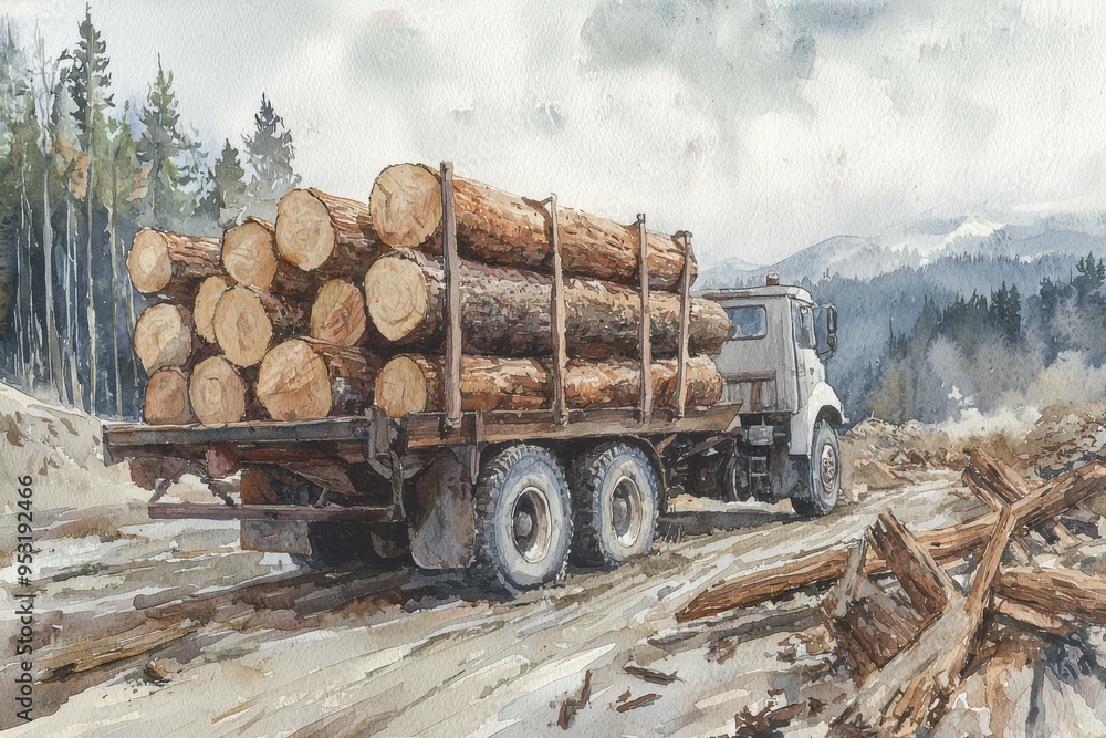 Obraz premium A rugged truck transporting logs through a forested landscape, showcasing the beauty of nature and timber industry.