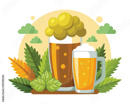 Cold beer in  glasses and hops and malt vector illustration