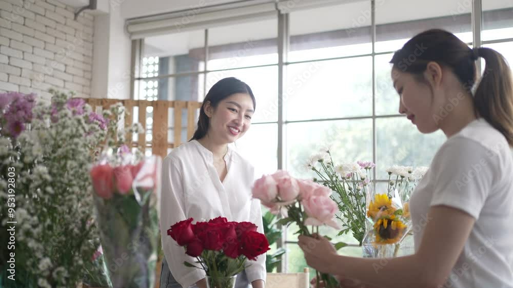 Young entrepreneurs are working at florist shop. Small business and leisure activity. Young entrepreneurs are working at florist shop. Small business and leisure activity.