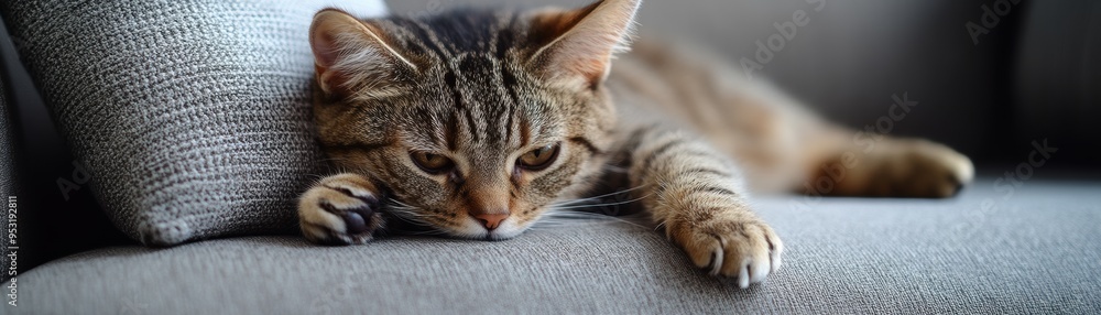 A relaxed tabby cat lounges comfortably on a gray sofa, with its paws stretched out and a calm expression, embodying a cozy home atmosphere A relaxed tabby cat lounges comfortably on a gray sofa, with its paws stretched out and a calm expression, embodying a cozy home atmosphere