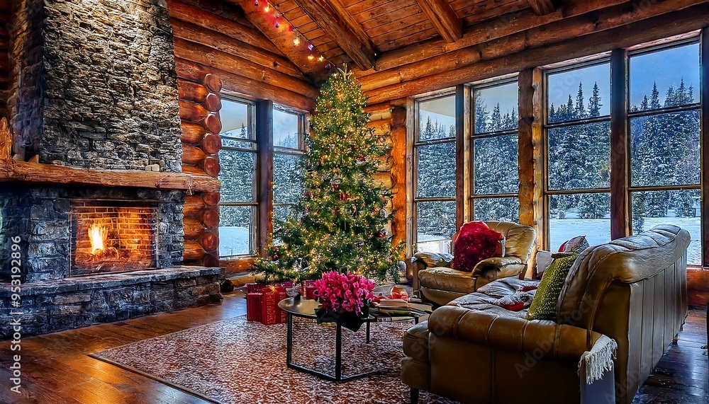 Obraz premium Cozy log cabin home in the mountains with fireplace and Christmas tree and beautiful view