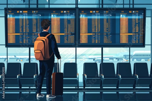 A traveler stands in an airport terminal, observing flight information on a digital display board, ready for adventure.