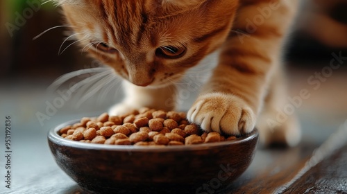 A close-up of a playful orange tabby cat reaching for kibble in a wooden bowl, capturing a moment of curiosity and appetite