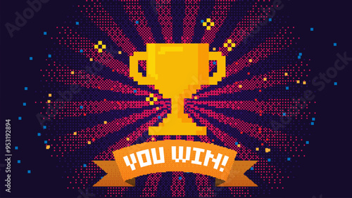 Pixel art 8-bit You Win text with one big winner golden cup on red background	