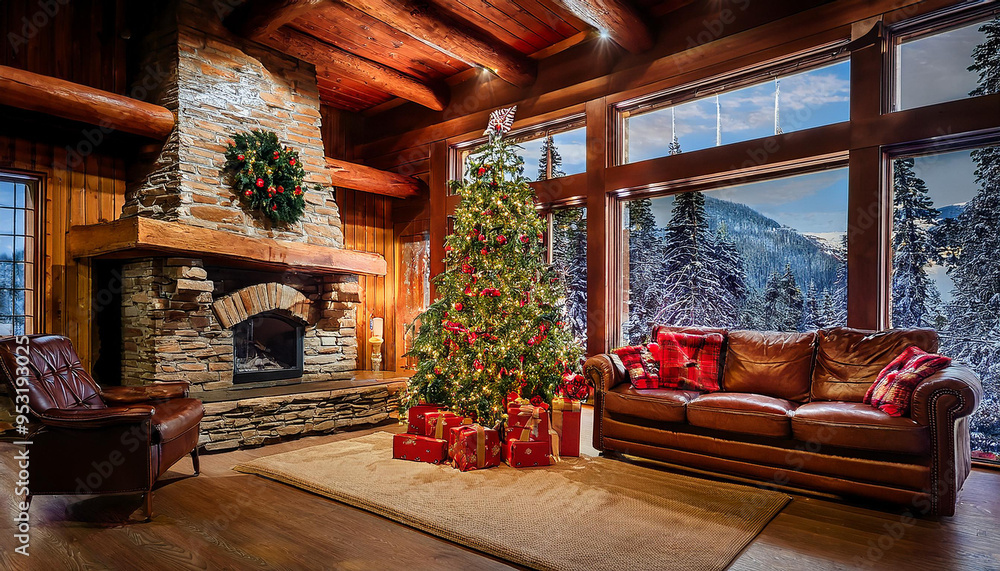 Cozy log cabin home in the mountains with fireplace and Christmas tree and beautiful view Cozy log cabin home in the mountains with fireplace and Christmas tree and beautiful view