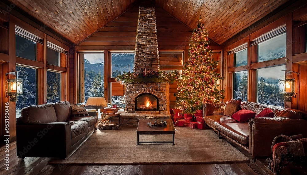 Cozy log cabin home in the mountains with fireplace and Christmas tree and beautiful view Cozy log cabin home in the mountains with fireplace and Christmas tree and beautiful view