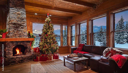 Wallpaper Mural Cozy log cabin home in the mountains with fireplace and Christmas tree and beautiful view, wood ceiling and walls Torontodigital.ca
