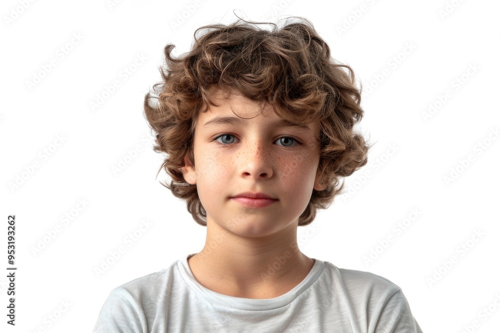 A young boy with curly hair wearing a white shirt, ideal for use in family or childhood-themed projects A young boy with curly hair wearing a white shirt, ideal for use in family or childhood-themed projects