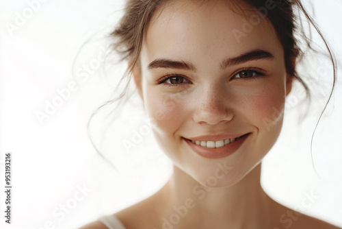 Portrait of a European American woman, close up on a white background