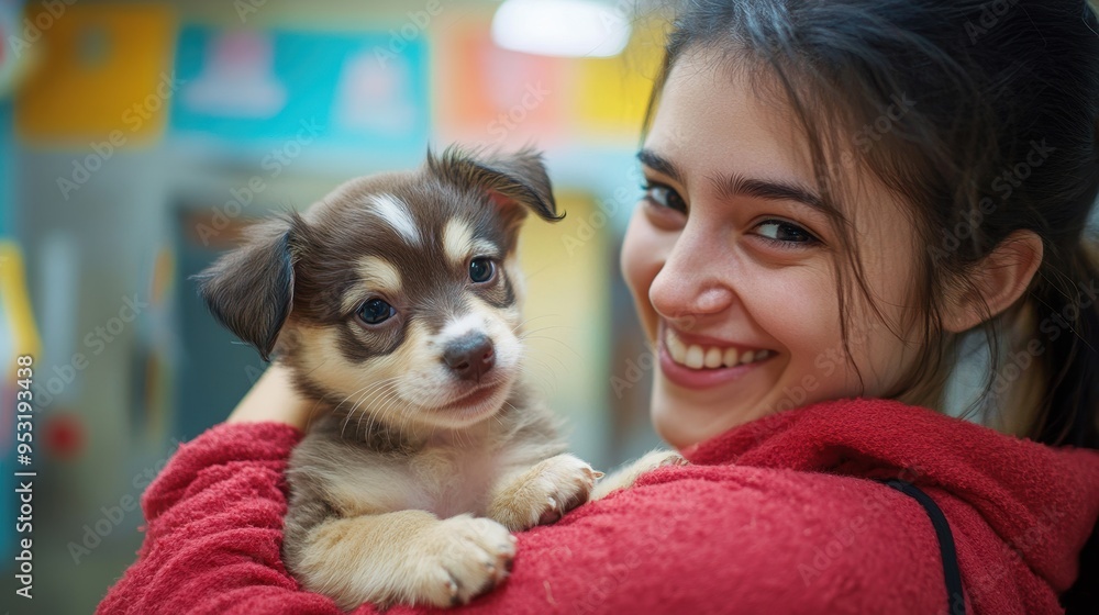 A joyful young woman smiles while holding a cute puppy in her arms, showcasing a warm and loving bond in a playful environment. A joyful young woman smiles while holding a cute puppy in her arms, showcasing a warm and loving bond in a playful environment.