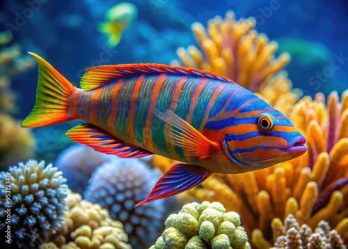 Vibrant orange and blue wrasse fish with distinctive stripes and fins swims amidst coral reef, its scales glistening in the sunlit waters of the ocean.