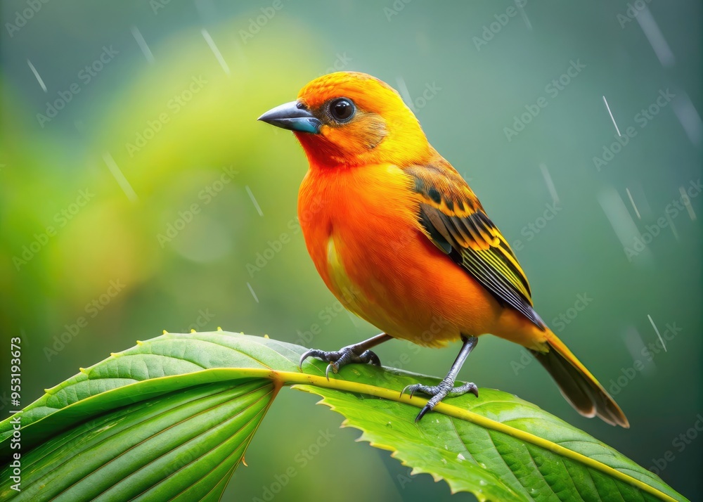Fototapeta premium Vibrant orange and yellow tanager perches on a dewy green leaf, its sleek feathers glistening in the soft, warm light of a misty forest morning.
