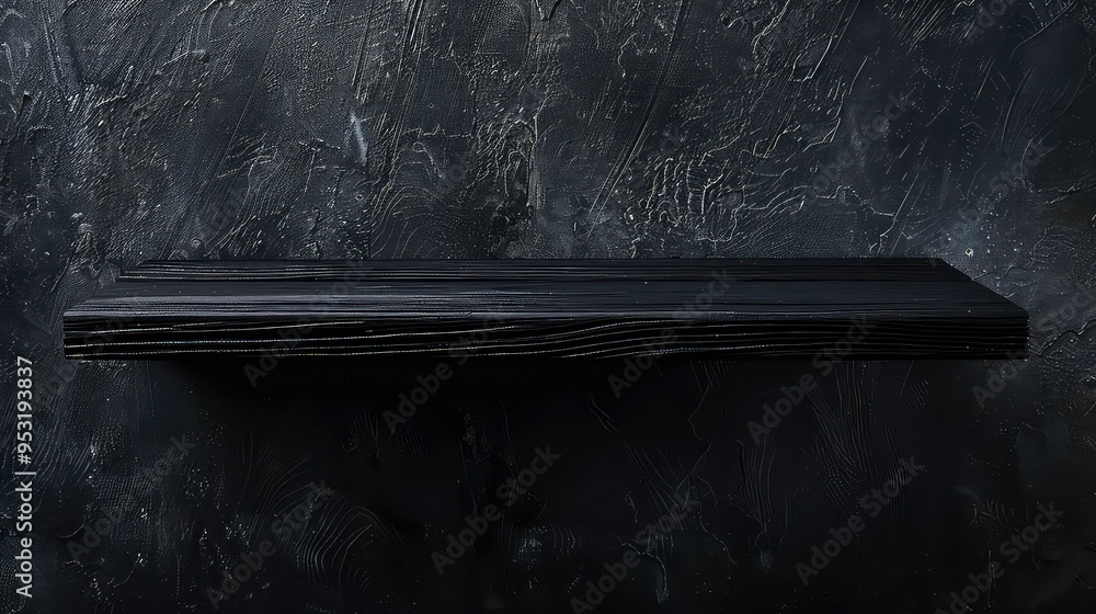 Black wooden shelf on a black textured wall. Black wooden shelf on a black textured wall.