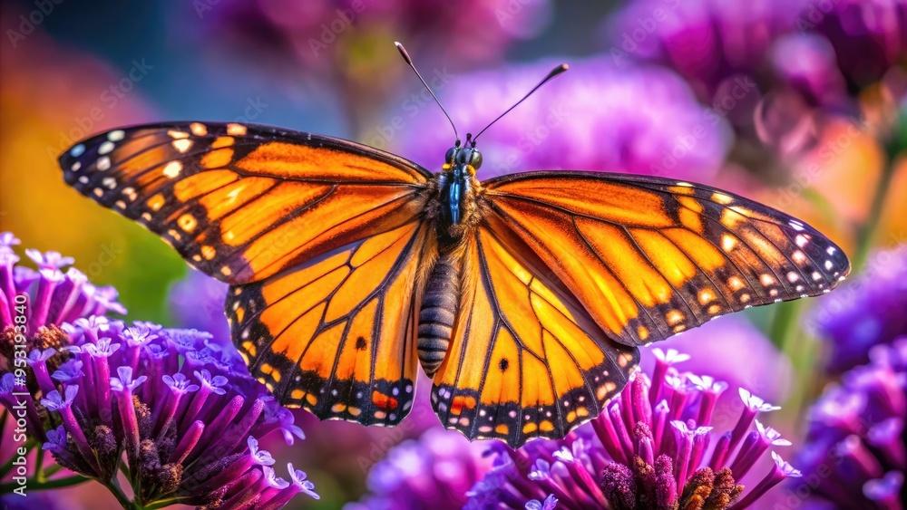 Obraz premium Vibrant orange butterfly perches on a delicate purple flower petal, its iridescent wings and antennae magnified to reveal intricate details in stunning close-up.