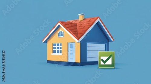 Wallpaper Mural A colorful, stylized illustration of a house with a checkmark icon, suggesting approval or a positive status regarding home-related matters Torontodigital.ca