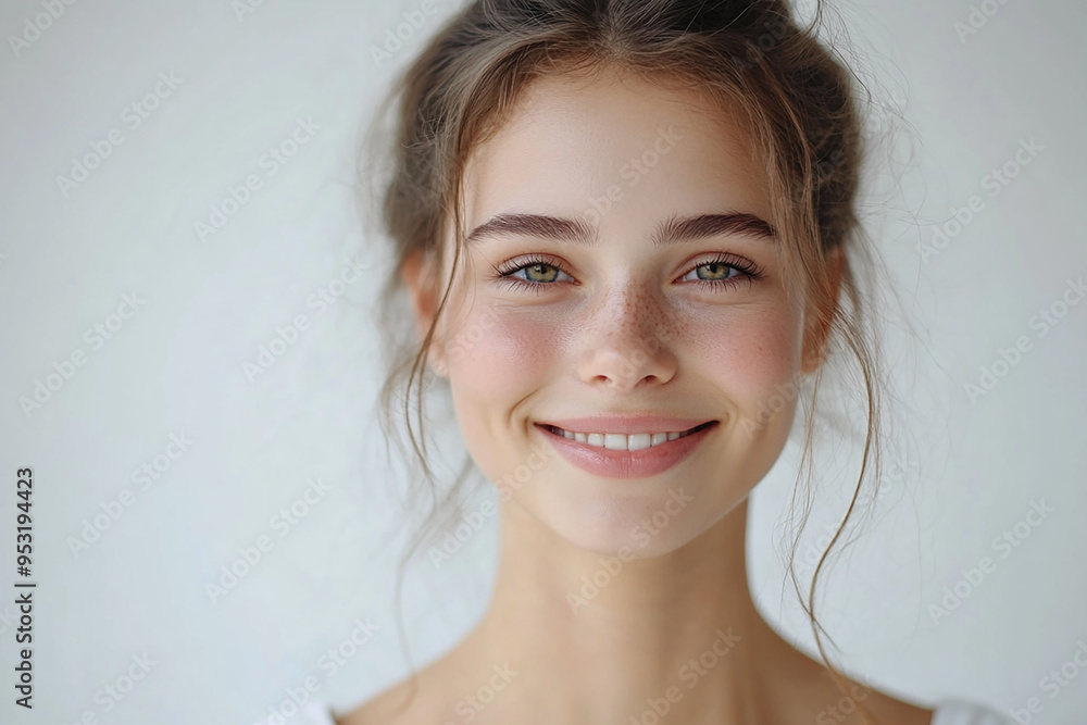 Portrait of a European American woman, close up on a white background Portrait of a European American woman, close up on a white background