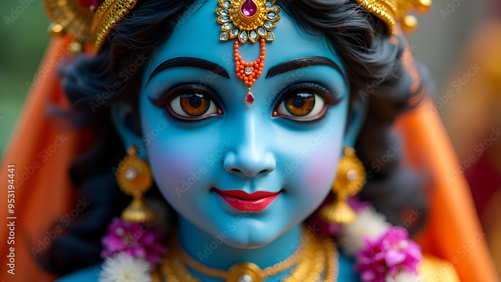 Closeup portrait of Hindu god Lord Krishna with blue skin and beautiful jewelry. Krishna Janmashtami, Govardhan Puja, Vishu Kani. Indian religious festival. Banner, poster, card with copy space Closeup portrait of Hindu god Lord Krishna with blue skin and beautiful jewelry. Krishna Janmashtami, Govardhan Puja, Vishu Kani. Indian religious festival. Banner, poster, card with copy space