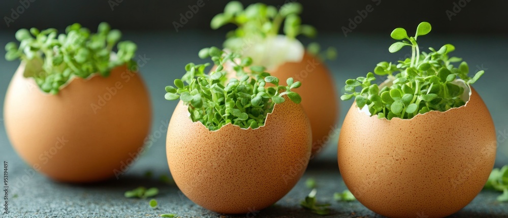 Fresh Green Microgreens Growing in Cracked Eggshells Fresh Green Microgreens Growing in Cracked Eggshells