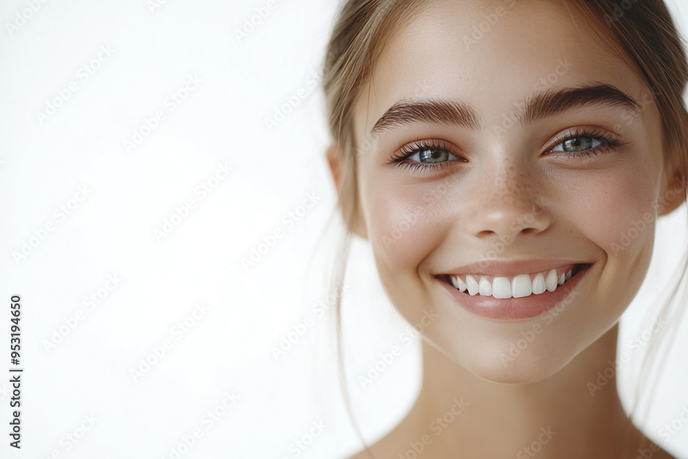 Portrait of a European American woman, close up on a white background Portrait of a European American woman, close up on a white background