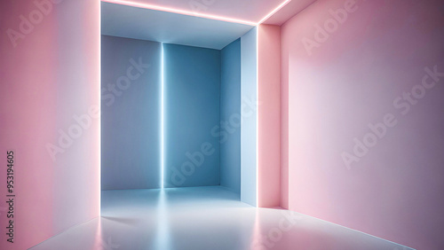 A minimalist interior with pink walls, a blue floor, and geometric lighting fixtures