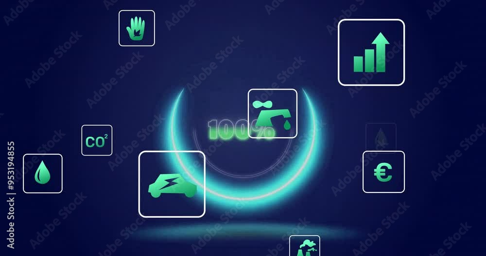 Sustainability icons and progress bar animation over dark blue background Sustainability icons and progress bar animation over dark blue background