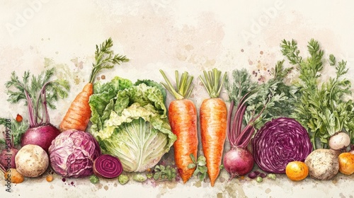 Creative food layout featuring a variety of vegetables like carrots, beets, and cabbages on a watercolor canvas, perfect for health and culinary themes photo