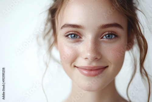 Portrait of a European American woman, close up on a white background