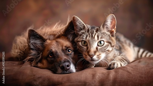 A dog and a cat resting together, showcasing companionship and warmth.