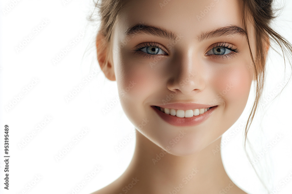Portrait of a European American woman, close up on a white background Portrait of a European American woman, close up on a white background