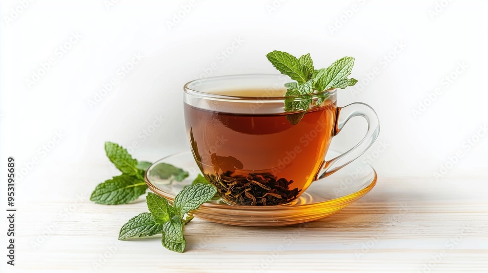 Lemon tea in glass tea cup in a glass saucer with a few mint leaves in it on a white background Lemon tea in glass tea cup in a glass saucer with a few mint leaves in it on a white background
