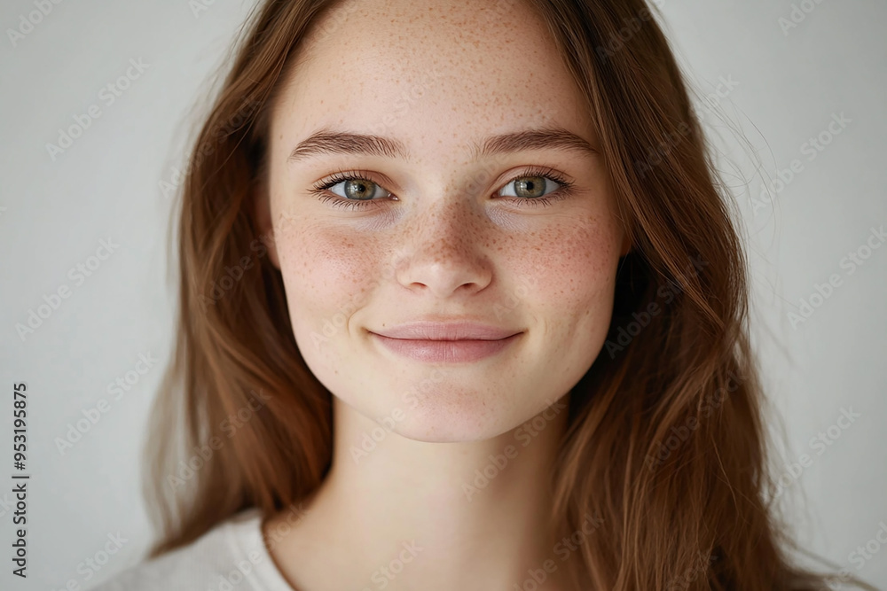 Portrait of a European American woman, close up on a white background Portrait of a European American woman, close up on a white background