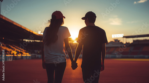 a young couple holding hands at a baseball stadium during a sunny day.