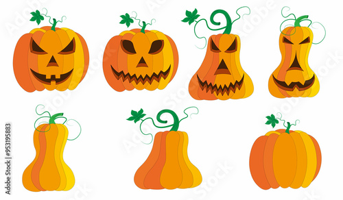 Beautiful evil Halloween pumpkins with leaves and ghosts