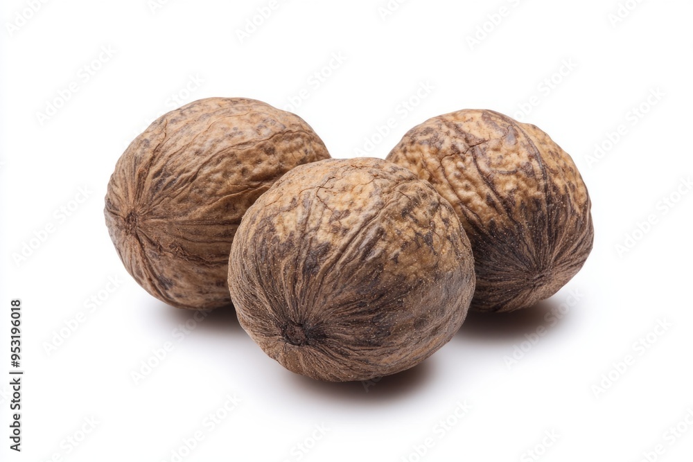 Three rustic walnuts arranged artistically on a white background. Perfect for culinary and health themes. These nuts symbolize richness and quality. Generative AI Three rustic walnuts arranged artistically on a white background. Perfect for culinary and health themes. These nuts symbolize richness and quality. Generative AI