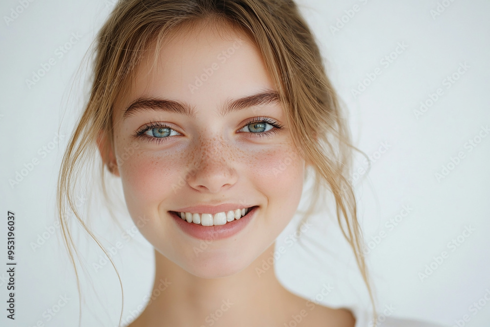Portrait of a European American woman, close up on a white background Portrait of a European American woman, close up on a white background