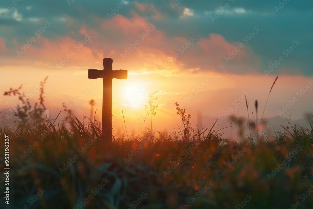 A cross stands tall in a open field as the sun sets behind it, providing a beautiful golden glow A cross stands tall in a open field as the sun sets behind it, providing a beautiful golden glow