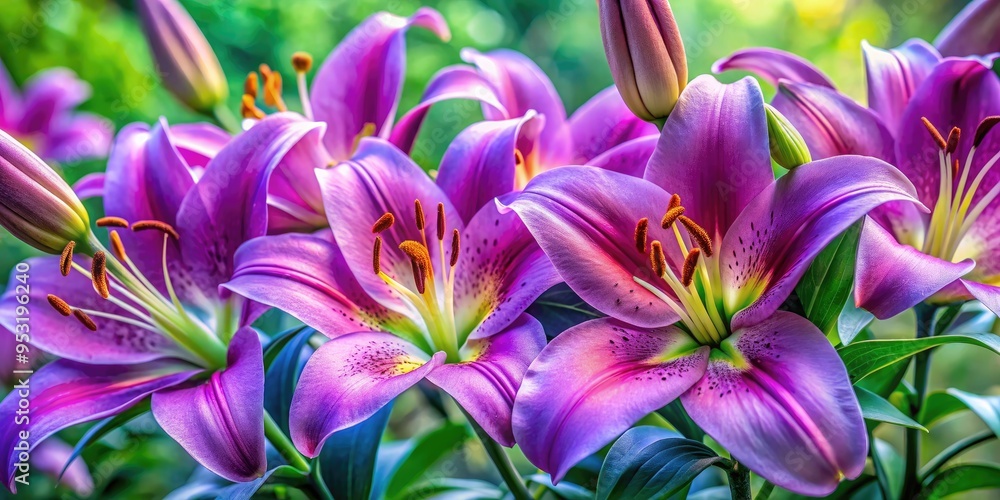 Vibrant purple lilies bloom amidst lush green foliage, their delicate petals and stamens radiating elegance, serenity, and beauty in a stunning floral arrangement. Vibrant purple lilies bloom amidst lush green foliage, their delicate petals and stamens radiating elegance, serenity, and beauty in a stunning floral arrangement.