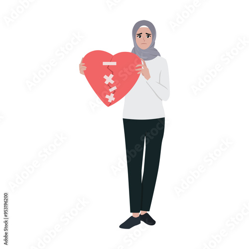 Woman crying and hugging red banded broken heart pieces. Flat vector character illustration photo