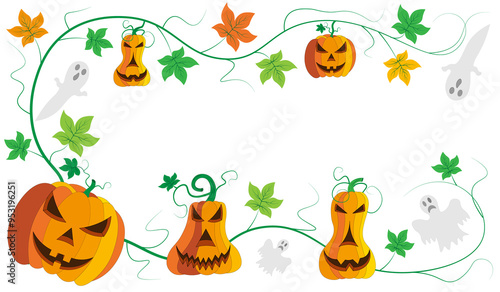 Beautiful evil Halloween pumpkins with leaves and ghosts
