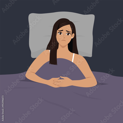 Young woman Suffering from sleep disorder and insomnia. Flat vector character illustration