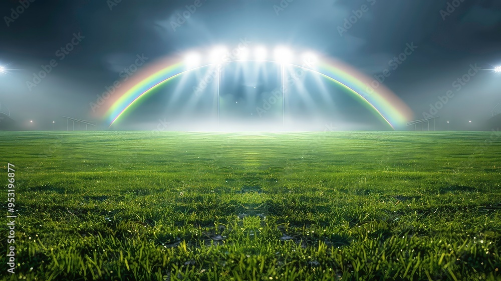 Naklejka premium A rainbow appears over a grassy field illuminated by stadium lights, creating a mystical and magical scene.