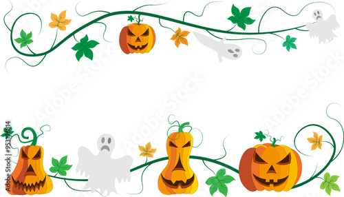 Beautiful evil Halloween pumpkins with leaves and ghosts
