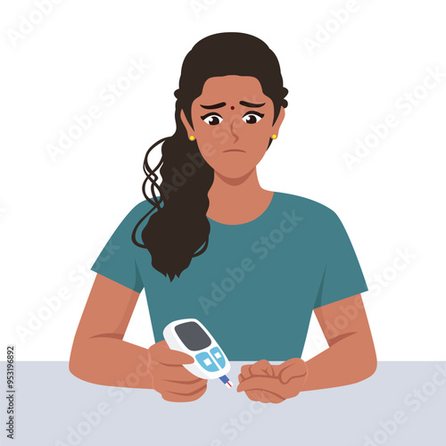 Woman sitting and using digital glaucometer at home with finger for blood state control. Flat vector character illustration