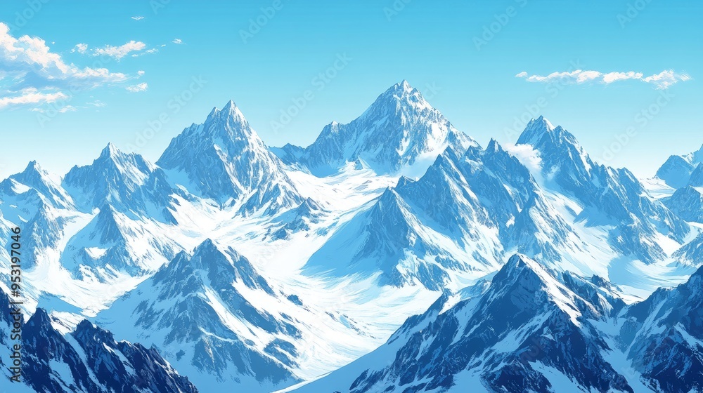 A panoramic view of a majestic mountain range with snow-capped peaks and a clear blue sky. A panoramic view of a majestic mountain range with snow-capped peaks and a clear blue sky.
