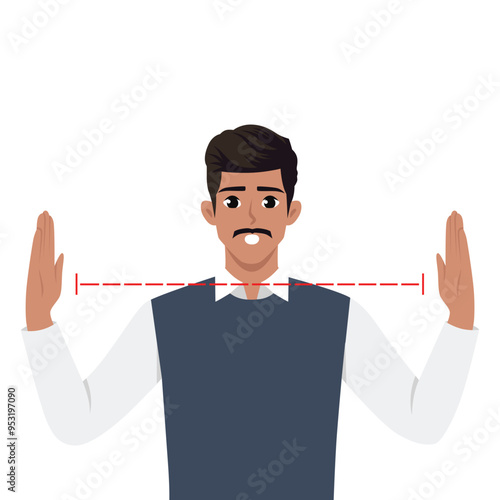 Man spreads arms wide and is shocked by size of object. Flat vector character illustration